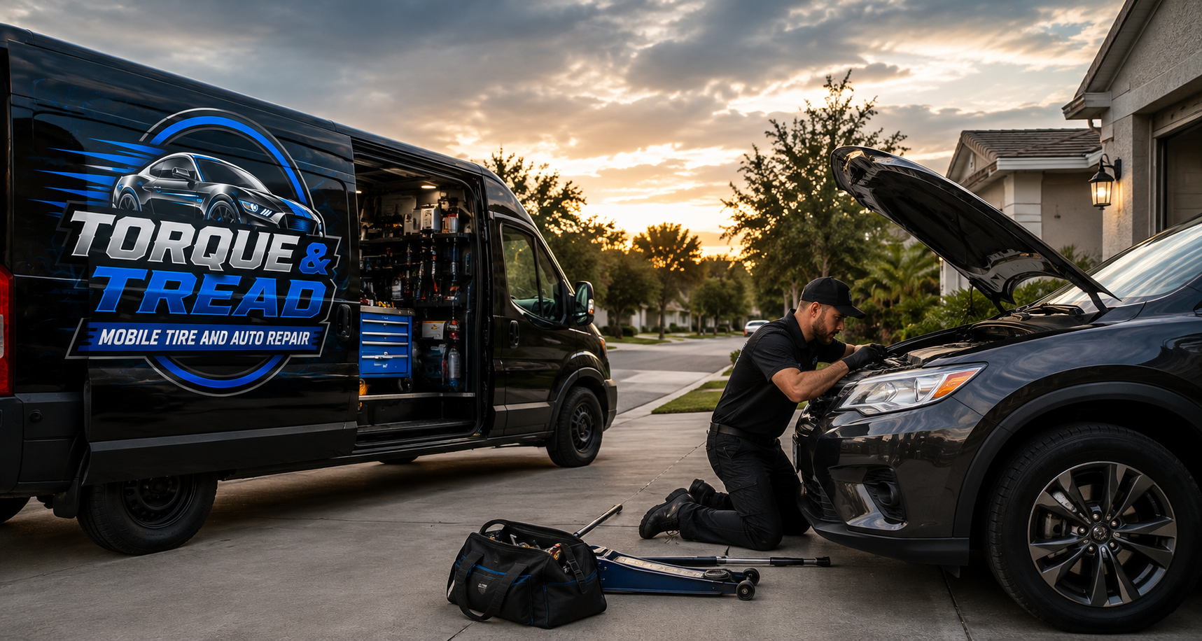 Torque & Tread mobile service van and technician working on a vehicle in a Florida driveway at dusk